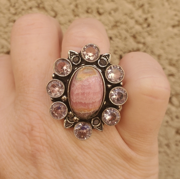 New Oversized Rhodochrosite & Kunzite 925 Silver Statement Ring. - Picture 3 of 14